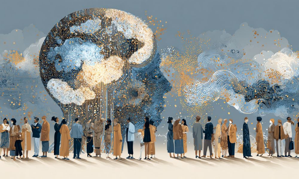 Intelligenza artificiale etica che collabora in armonia con un gruppo di persone