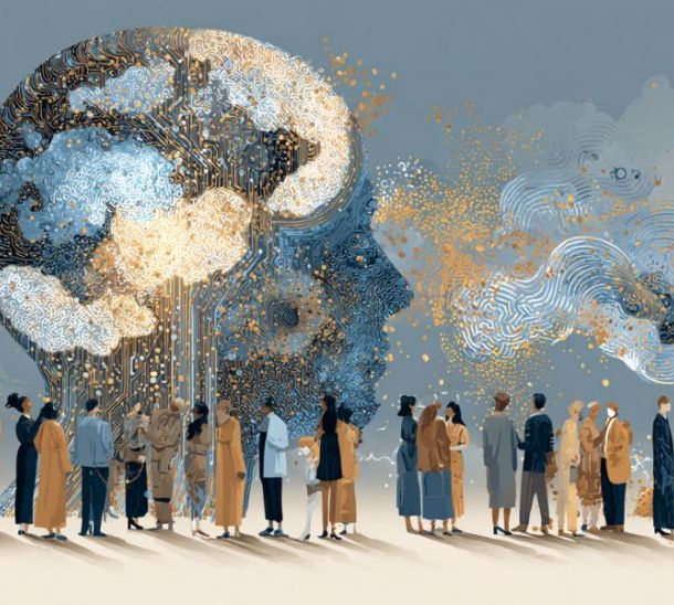Intelligenza artificiale etica che collabora in armonia con un gruppo di persone
